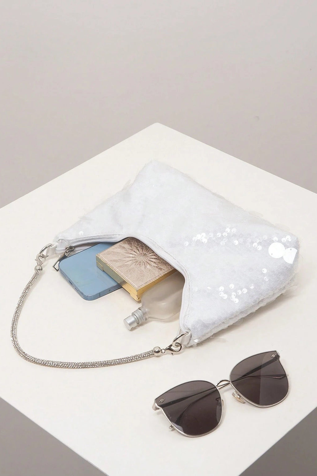 All Over White Mixed Size Flat Sequin Mini Curved Hobo Bag Rhinestone Inlaid Silver Chain Shoulder Strap