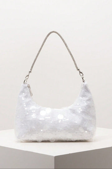 All Over White Mixed Size Flat Sequin Mini Curved Hobo Bag Rhinestone Inlaid Silver Chain Shoulder Strap