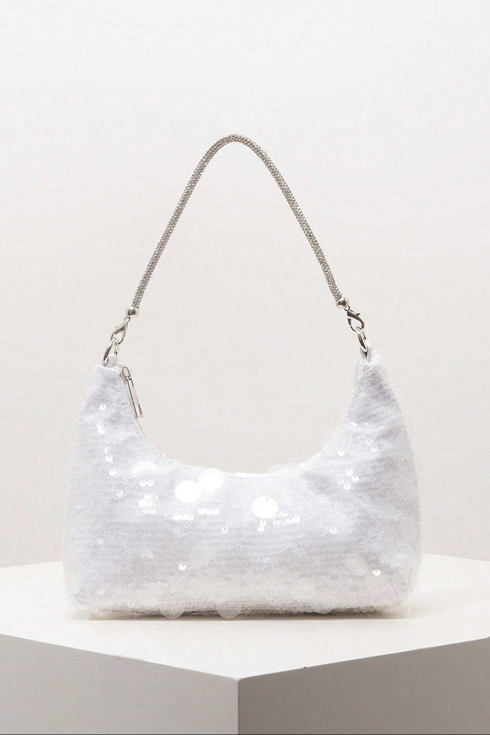 All Over White Mixed Size Flat Sequin Mini Curved Hobo Bag Rhinestone Inlaid Silver Chain Shoulder Strap