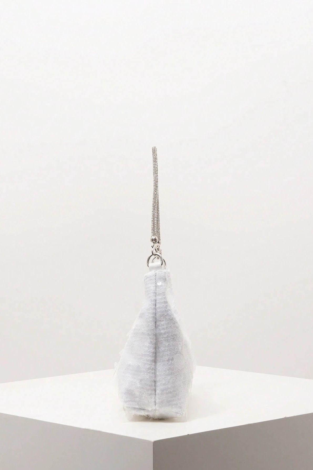 All Over White Mixed Size Flat Sequin Mini Curved Hobo Bag Rhinestone Inlaid Silver Chain Shoulder Strap