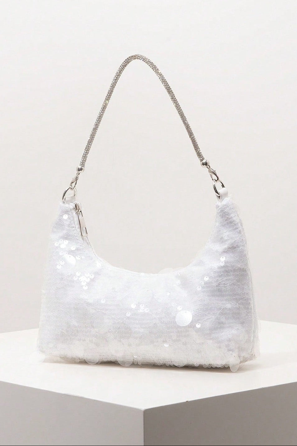 All Over White Mixed Size Flat Sequin Mini Curved Hobo Bag Rhinestone Inlaid Silver Chain Shoulder Strap
