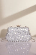 Diagonal Stripe Full Crystal Rhinestone Silver Kiss Lock Clutch Bag