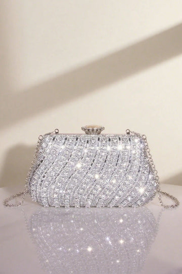 Diagonal Stripe Full Crystal Rhinestone Silver Kiss Lock Clutch Bag