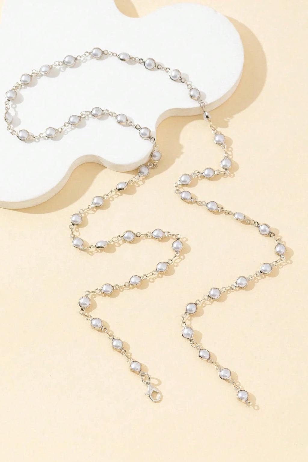 Silver Bezel Set Pearl Lariat Y-Necklace Full Pearl Station Chain Bridal Body Jewelry