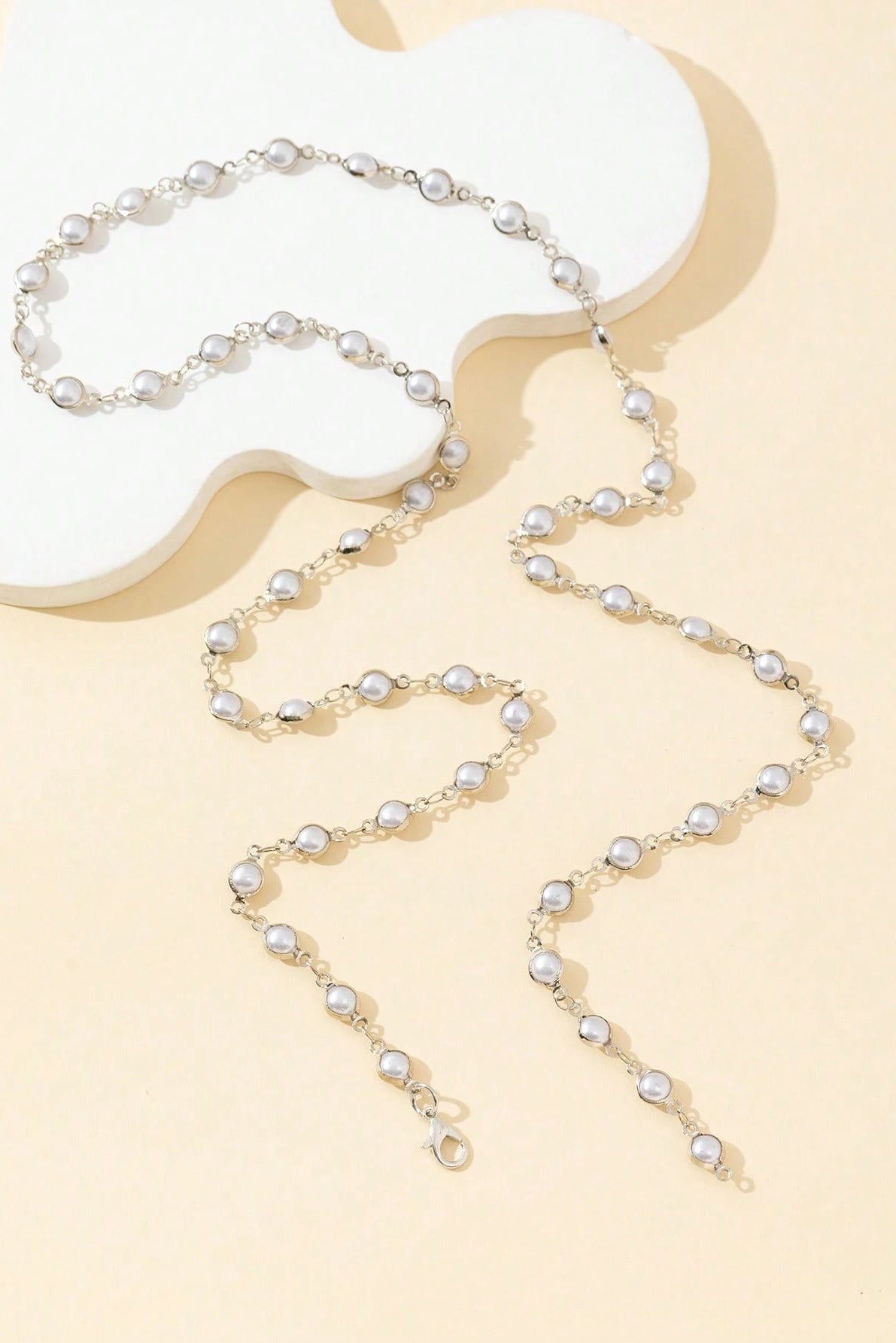 Silver Bezel Set Pearl Lariat Y-Necklace Full Pearl Station Chain Bridal Body Jewelry