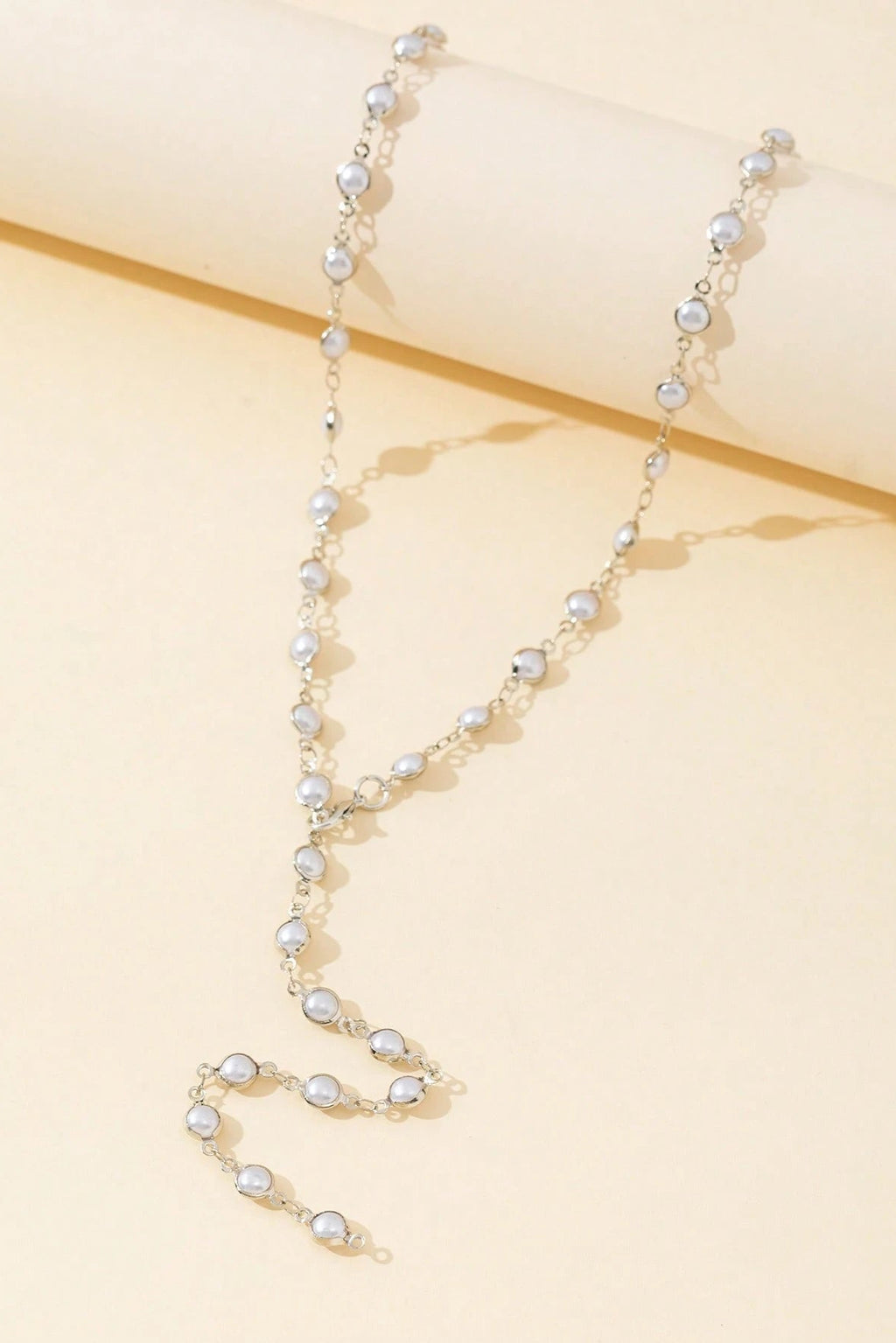 Silver Bezel Set Pearl Lariat Y-Necklace Full Pearl Station Chain Bridal Body Jewelry