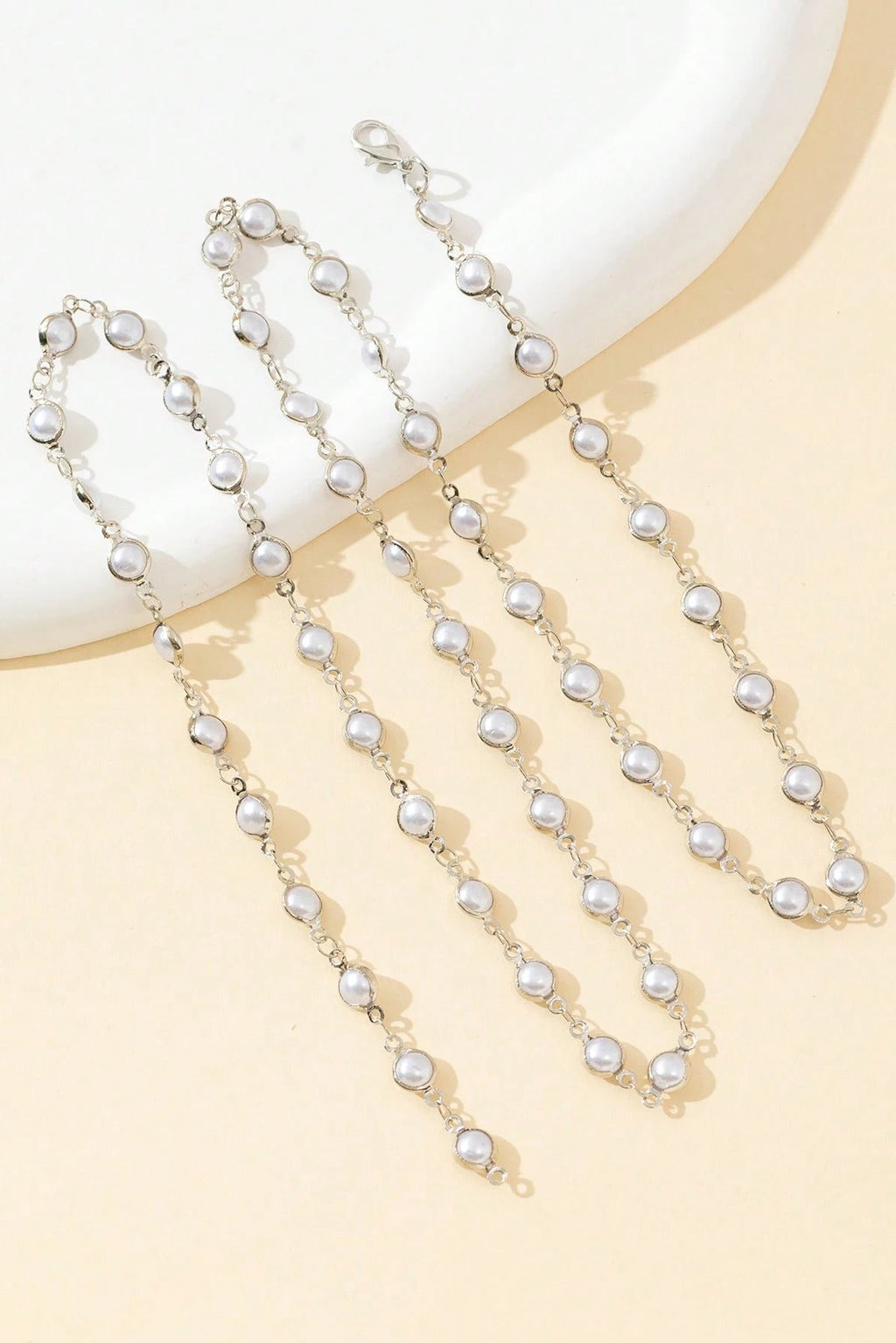 Silver Bezel Set Pearl Lariat Y-Necklace Full Pearl Station Chain Bridal Body Jewelry
