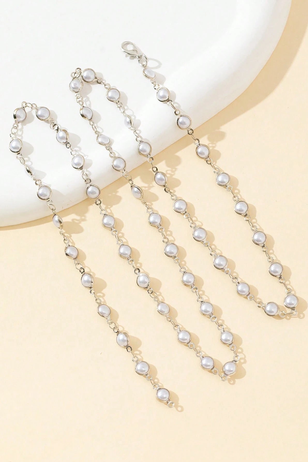 Silver Bezel Set Pearl Lariat Y-Necklace Full Pearl Station Chain Bridal Body Jewelry