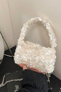 Full White Round Sequin Mini Hobo Bag Sequin Handle + Detachable Silver Crossbody Chain