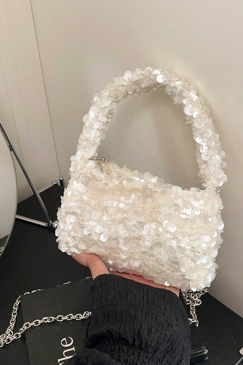 Full White Round Sequin Mini Hobo Bag Sequin Handle + Detachable Silver Crossbody Chain