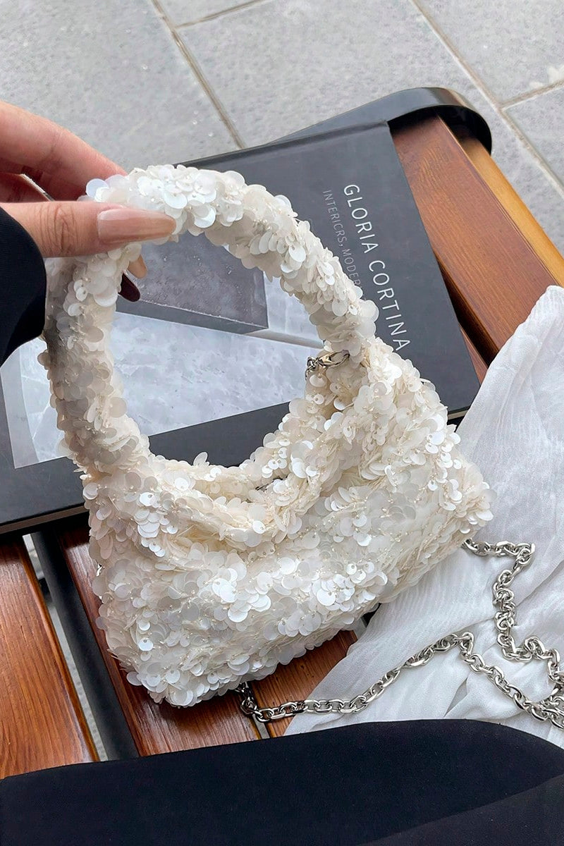 Full White Round Sequin Mini Hobo Bag Sequin Handle + Detachable Silver Crossbody Chain