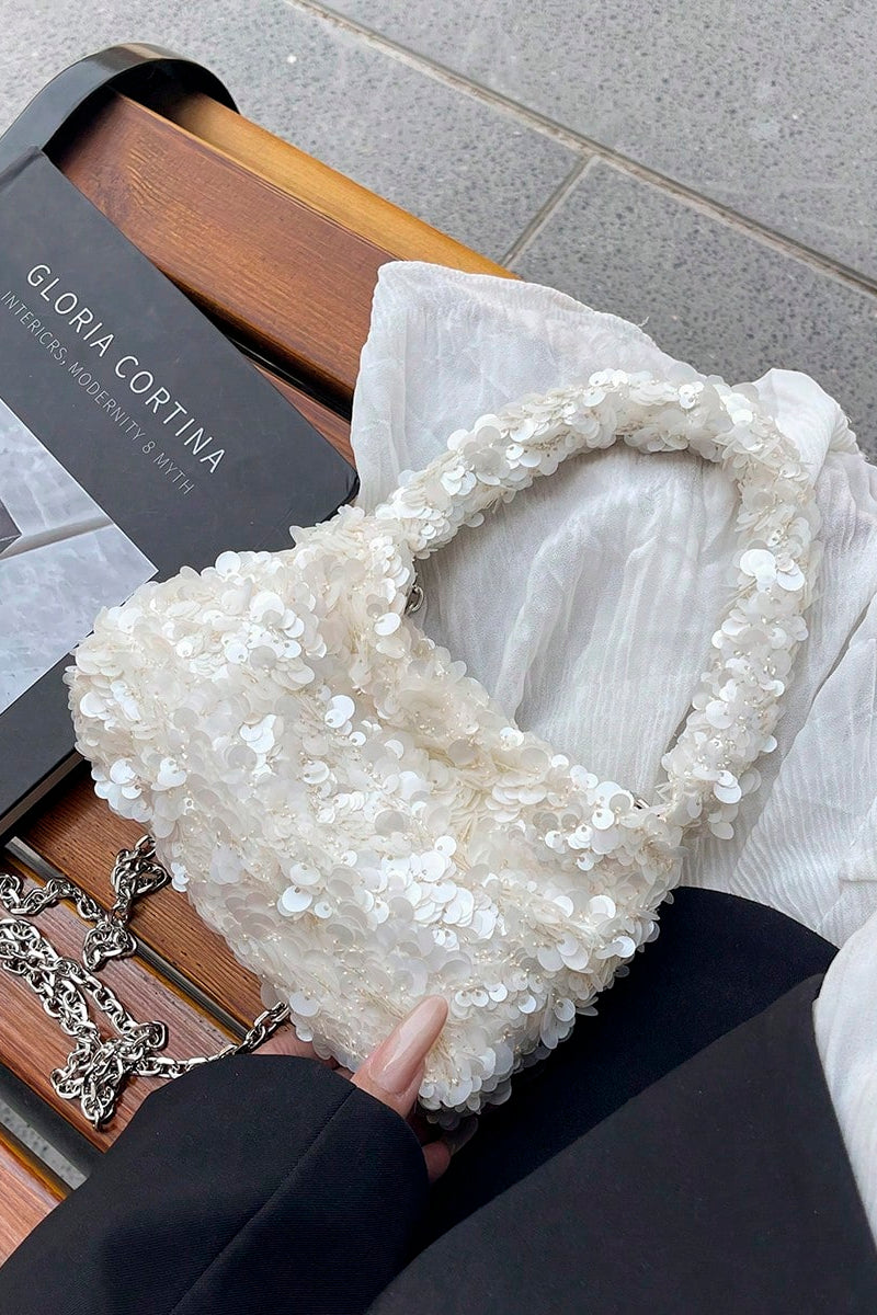Full White Round Sequin Mini Hobo Bag Sequin Handle + Detachable Silver Crossbody Chain