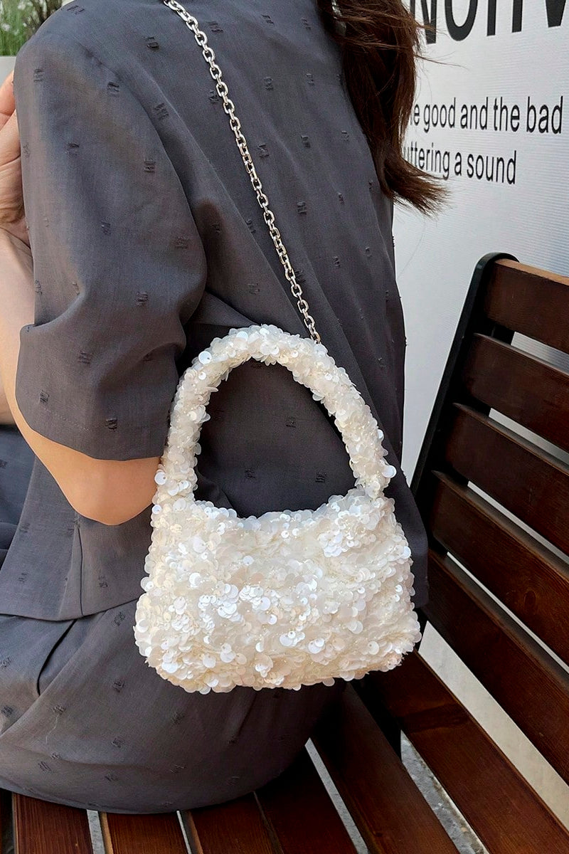 Full White Round Sequin Mini Hobo Bag Sequin Handle + Detachable Silver Crossbody Chain