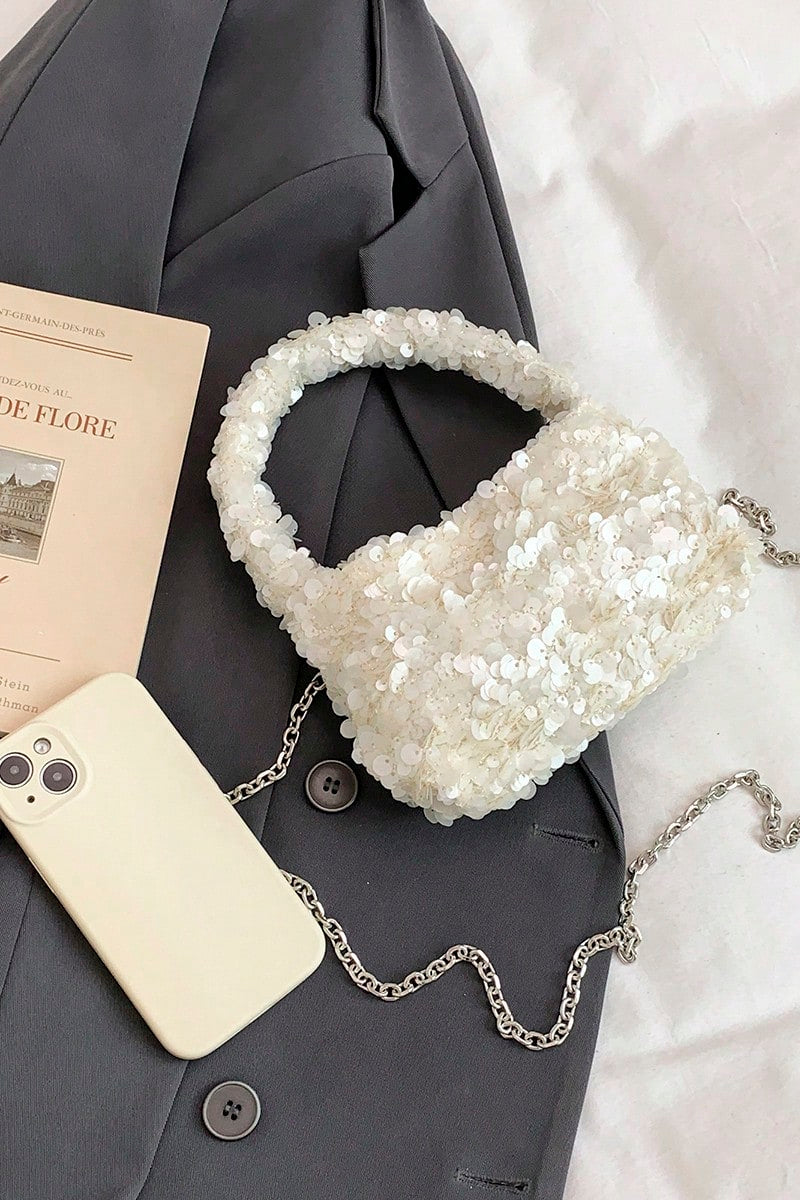 Full White Round Sequin Mini Hobo Bag Sequin Handle + Detachable Silver Crossbody Chain