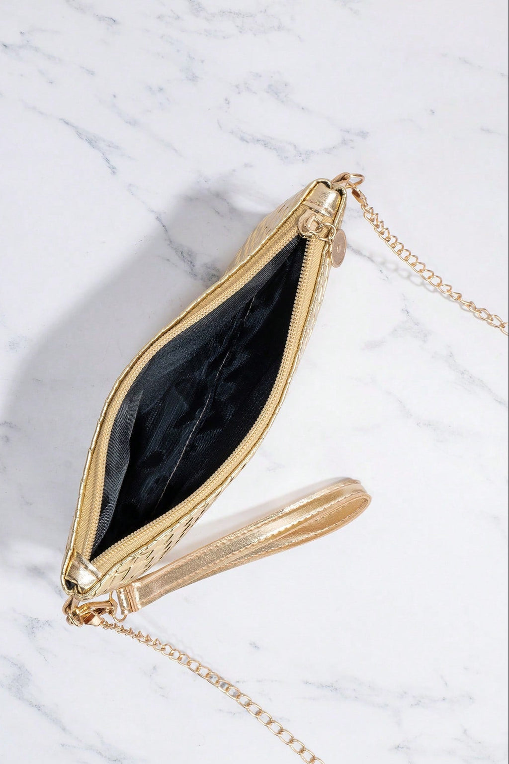 Metallic Gold Woven Faux Leather Clutch Bag Detachable Chain Crossbody Bag Wristlet Evening Handbag