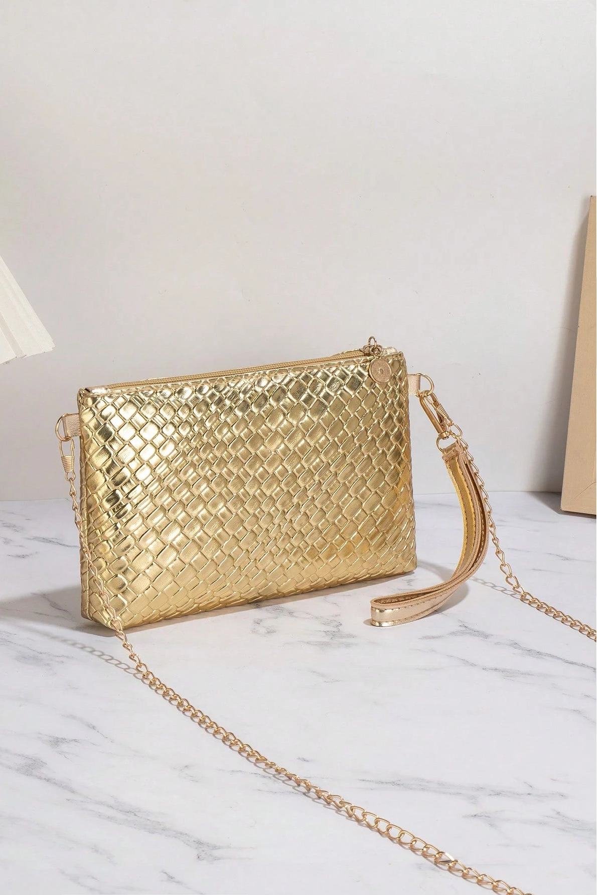 Metallic Gold Woven Faux Leather Clutch Bag Detachable Chain Crossbody Bag Wristlet Evening Handbag