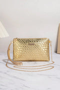 Metallic Gold Woven Faux Leather Clutch Bag Detachable Chain Crossbody Bag Wristlet Evening Handbag