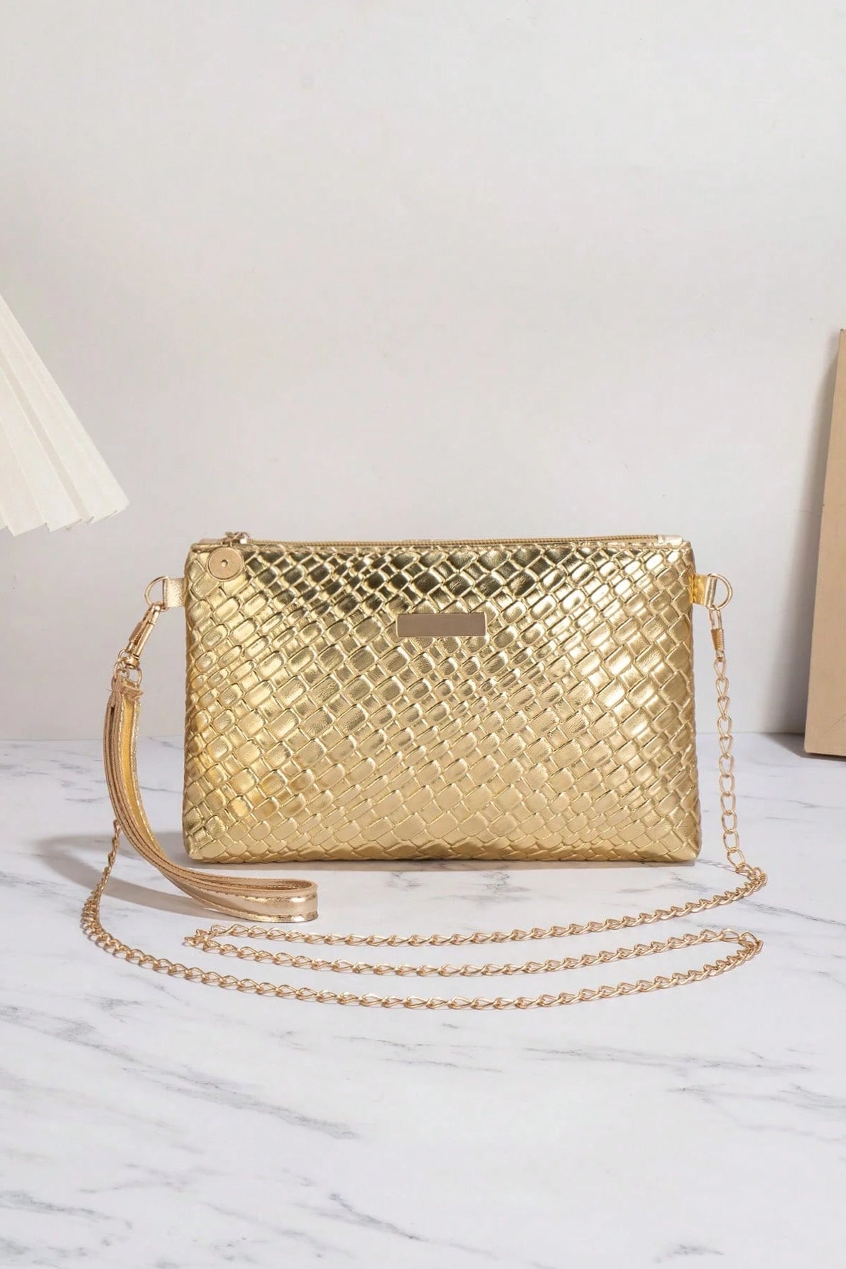 Metallic Gold Woven Faux Leather Clutch Bag Detachable Chain Crossbody Bag Wristlet Evening Handbag