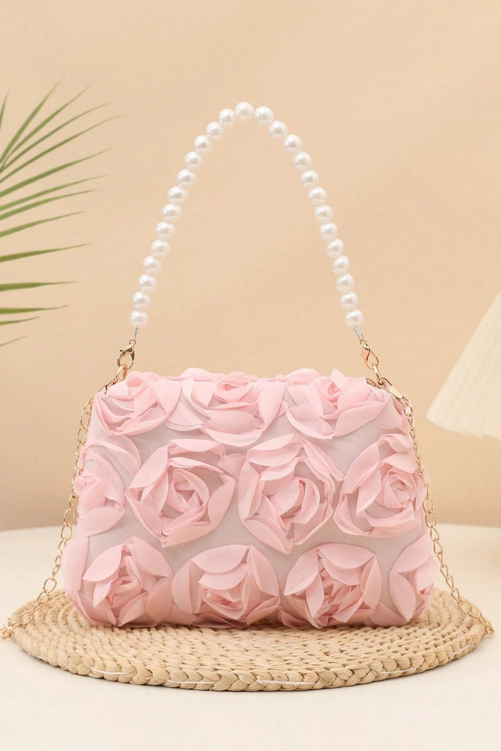 Pastel Pink Full 3D Organza Floral Mini Bucket Bag Pearl Handheld Handle & Detachable Gold Crossbody Chain