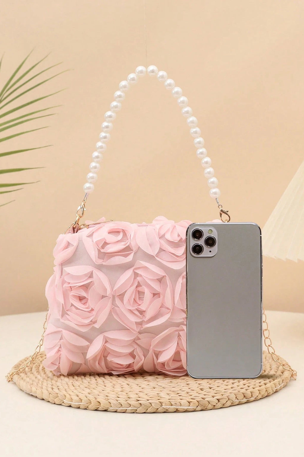 Pastel Pink Full 3D Organza Floral Mini Bucket Bag Pearl Handheld Handle & Detachable Gold Crossbody Chain