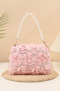 Pastel Pink Full 3D Organza Floral Mini Bucket Bag Pearl Handheld Handle & Detachable Gold Crossbody Chain
