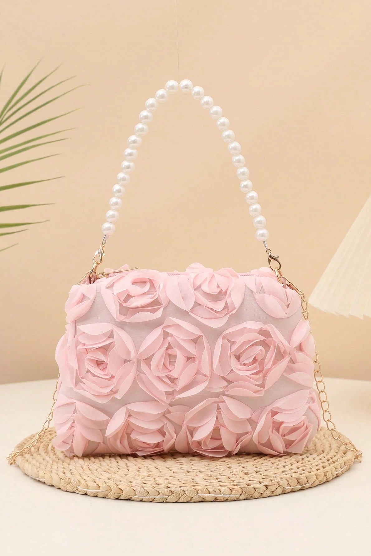 Pastel Pink Full 3D Organza Floral Mini Bucket Bag Pearl Handheld Handle & Detachable Gold Crossbody Chain