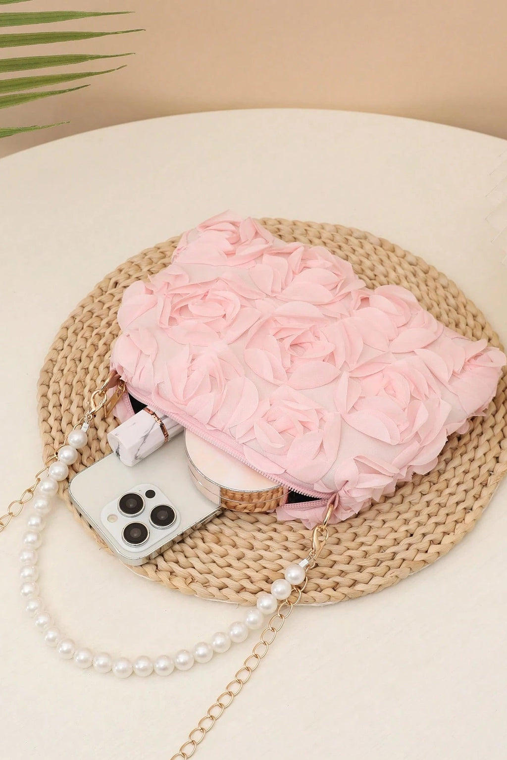 Pastel Pink Full 3D Organza Floral Mini Bucket Bag Pearl Handheld Handle & Detachable Gold Crossbody Chain
