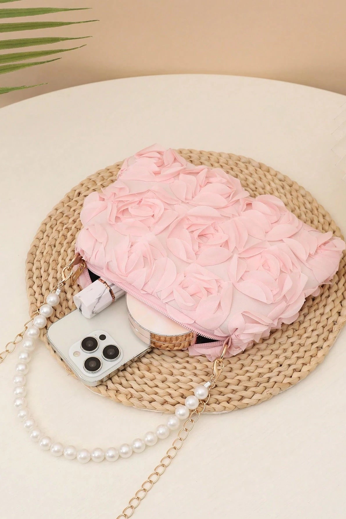 Pastel Pink Full 3D Organza Floral Mini Bucket Bag Pearl Handheld Handle & Detachable Gold Crossbody Chain