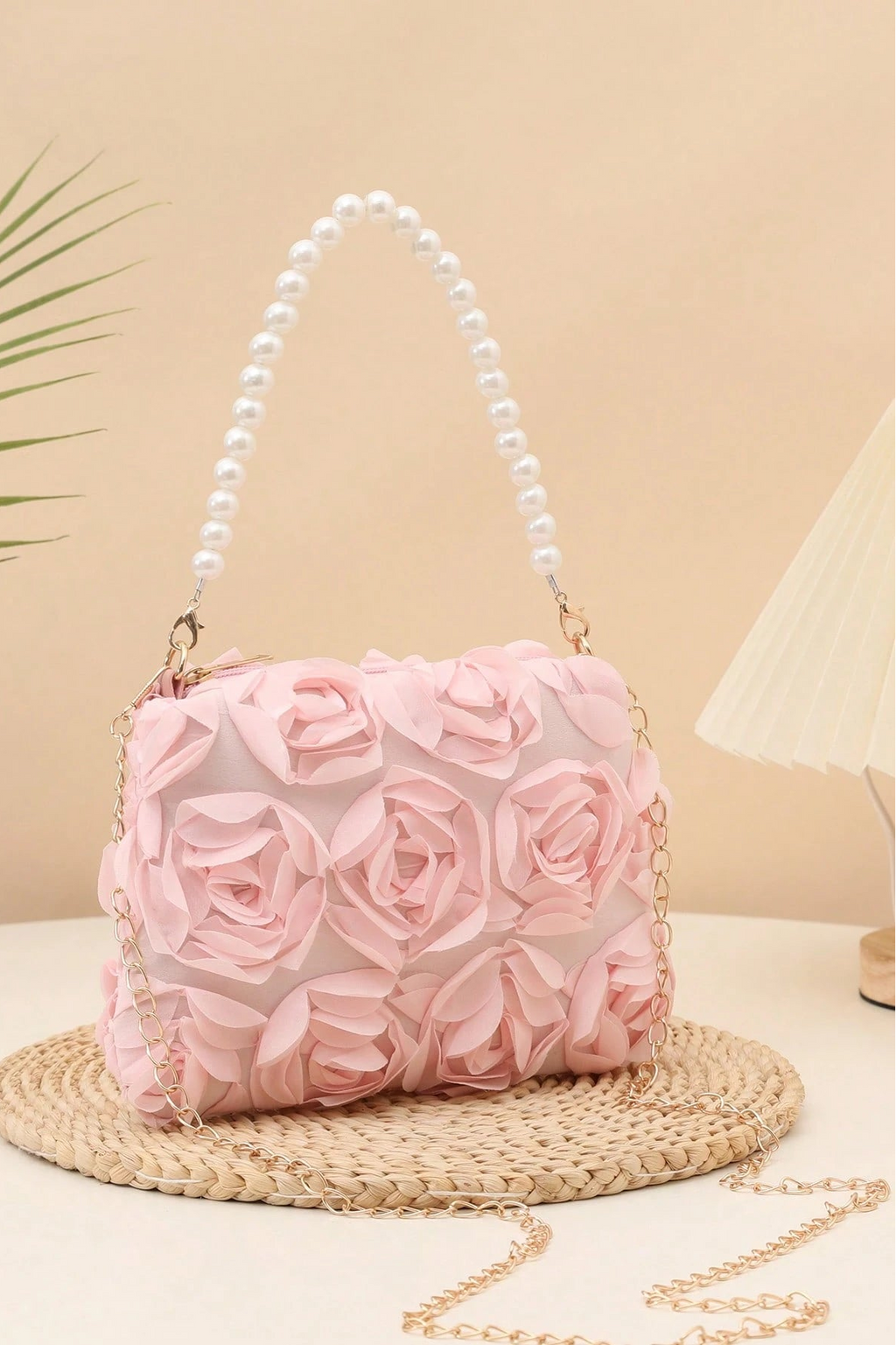 Pastel Pink Full 3D Organza Floral Mini Bucket Bag Pearl Handheld Handle & Detachable Gold Crossbody Chain