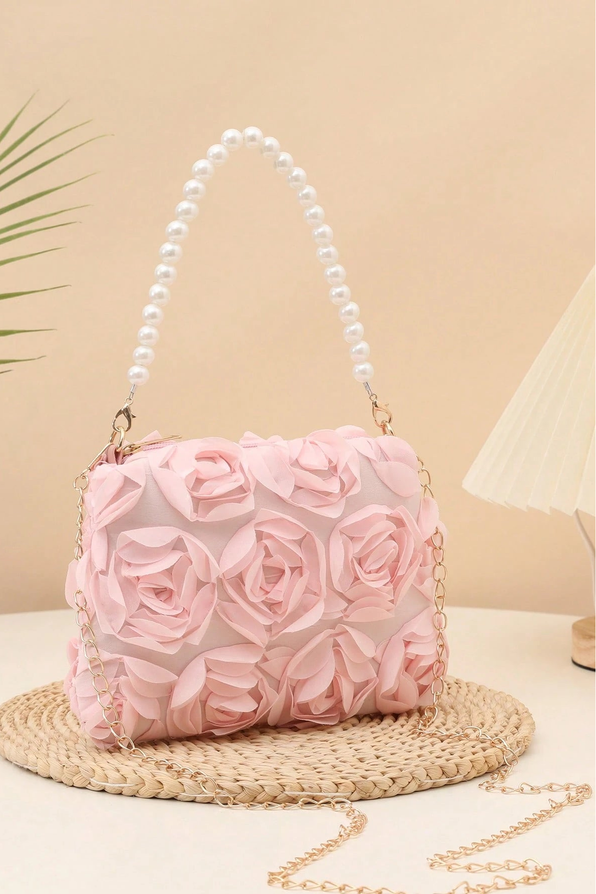 Pastel Pink Full 3D Organza Floral Mini Bucket Bag Pearl Handheld Handle & Detachable Gold Crossbody Chain