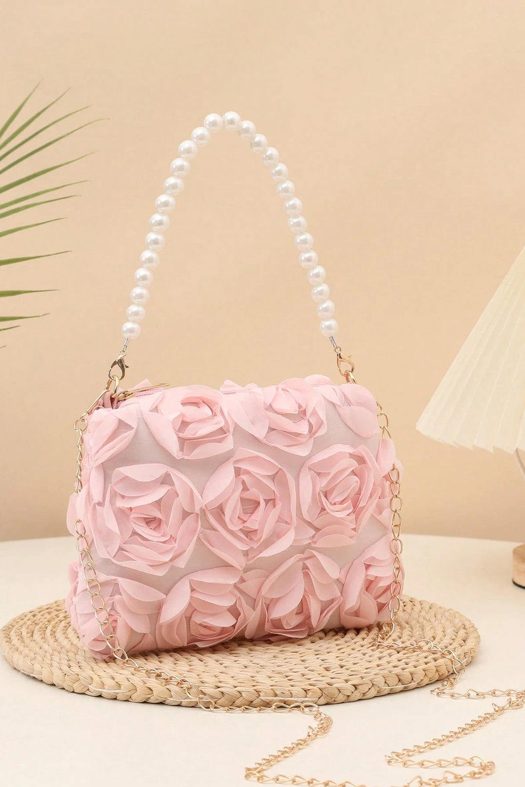 Pastel Pink Full 3D Organza Floral Mini Bucket Bag Pearl Handheld Handle & Detachable Gold Crossbody Chain