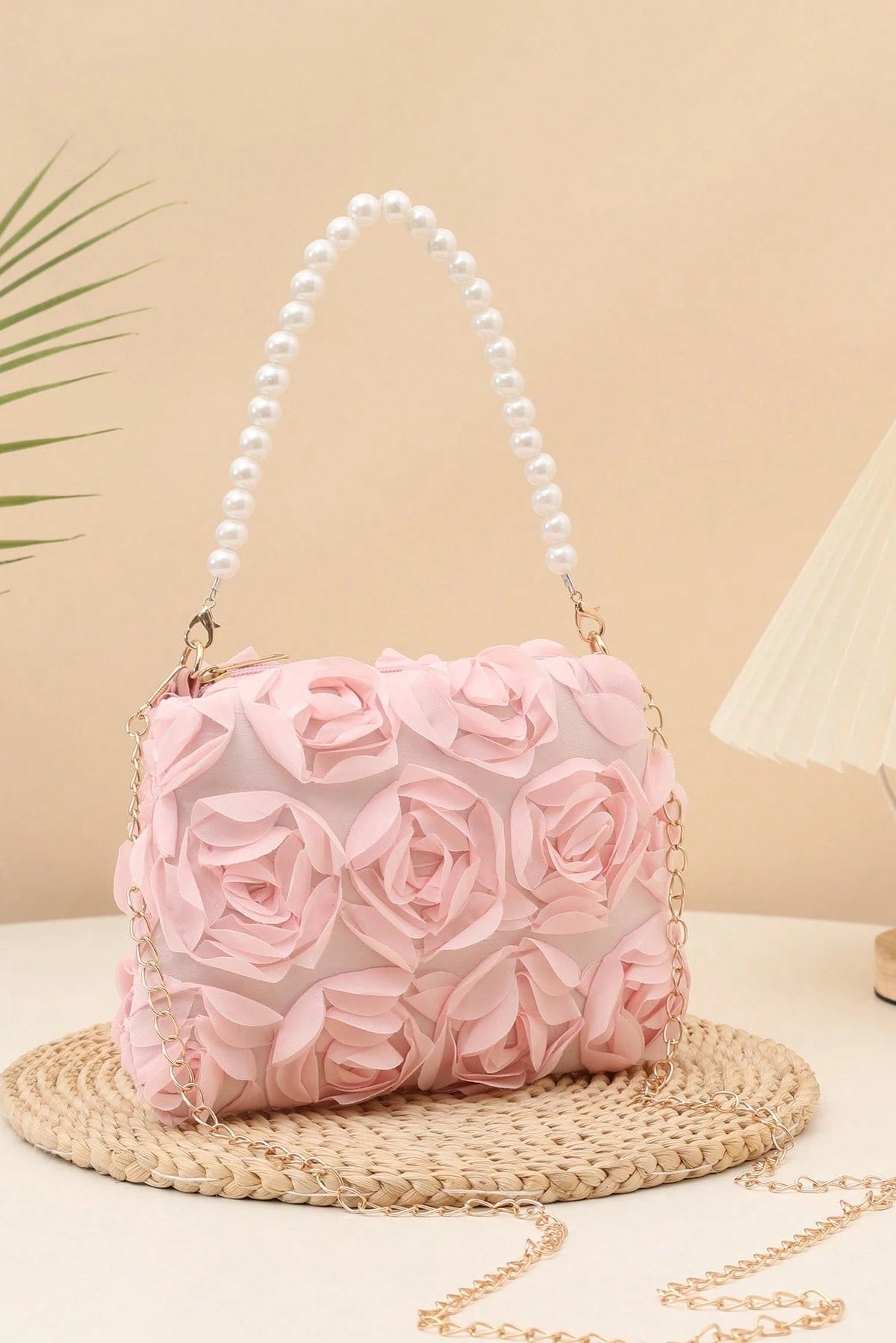 Pastel Pink Full 3D Organza Floral Mini Bucket Bag Pearl Handheld Handle & Detachable Gold Crossbody Chain