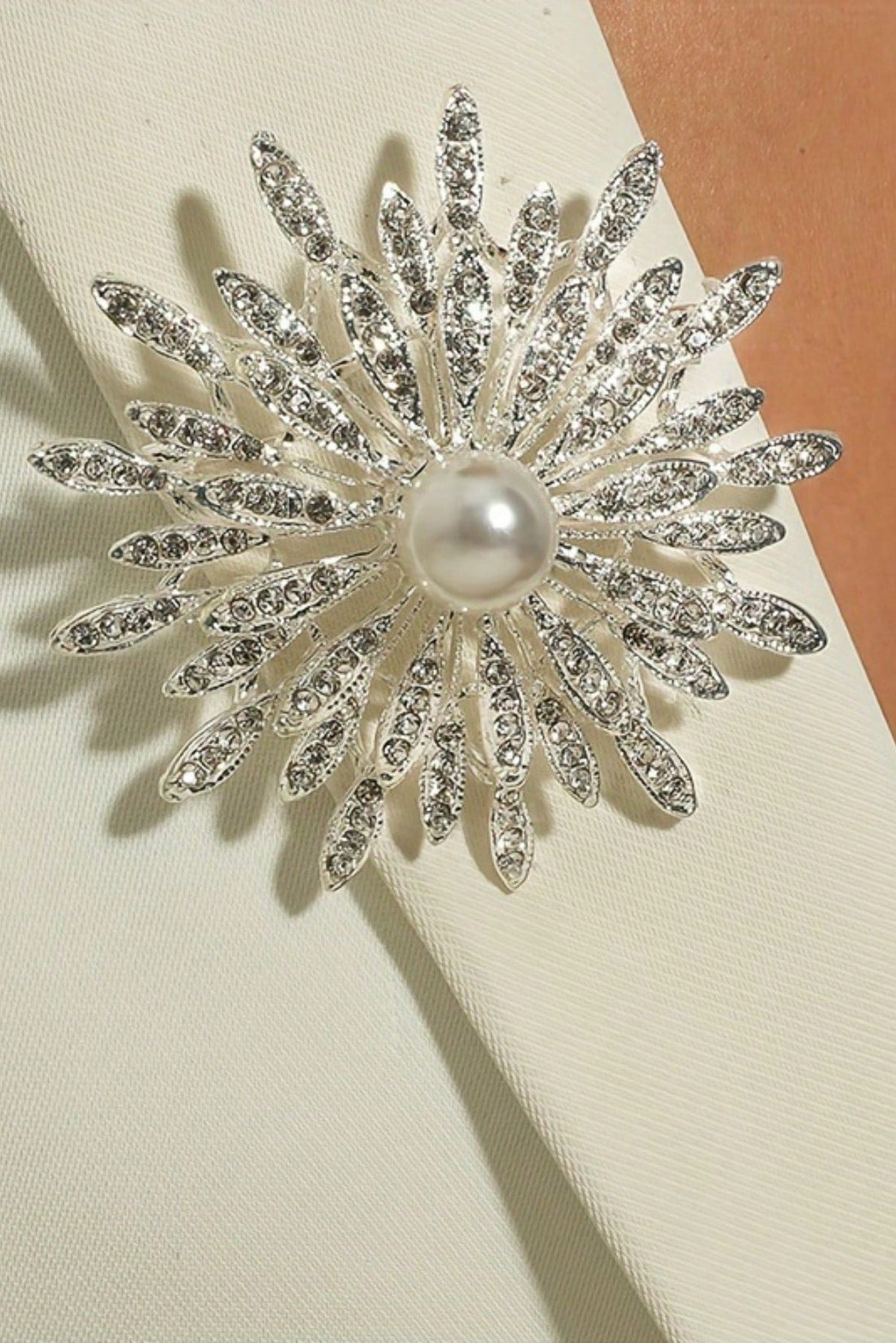 Silver Sunflower Brooch Central Pearl Inlay Pave Crystal Petal Wedding Lapel Pin