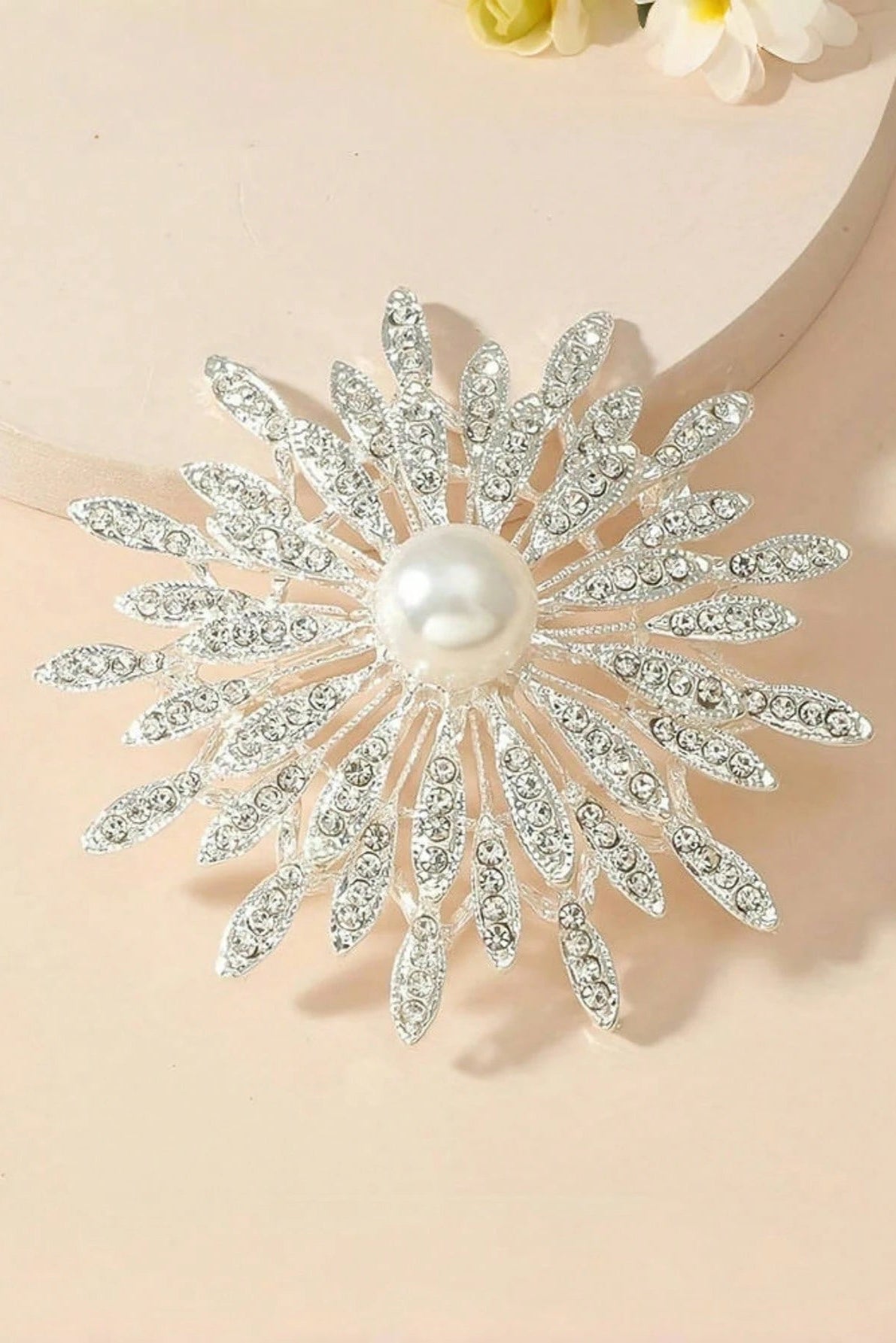Silver Sunflower Brooch Central Pearl Inlay Pave Crystal Petal Wedding Lapel Pin