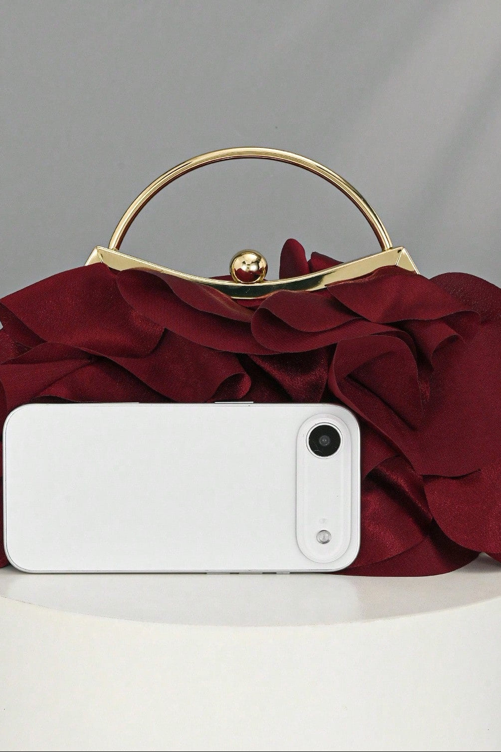 Wine Red Satin Ruffle Kiss Lock Clutch with Gold Chain & Ring Handle