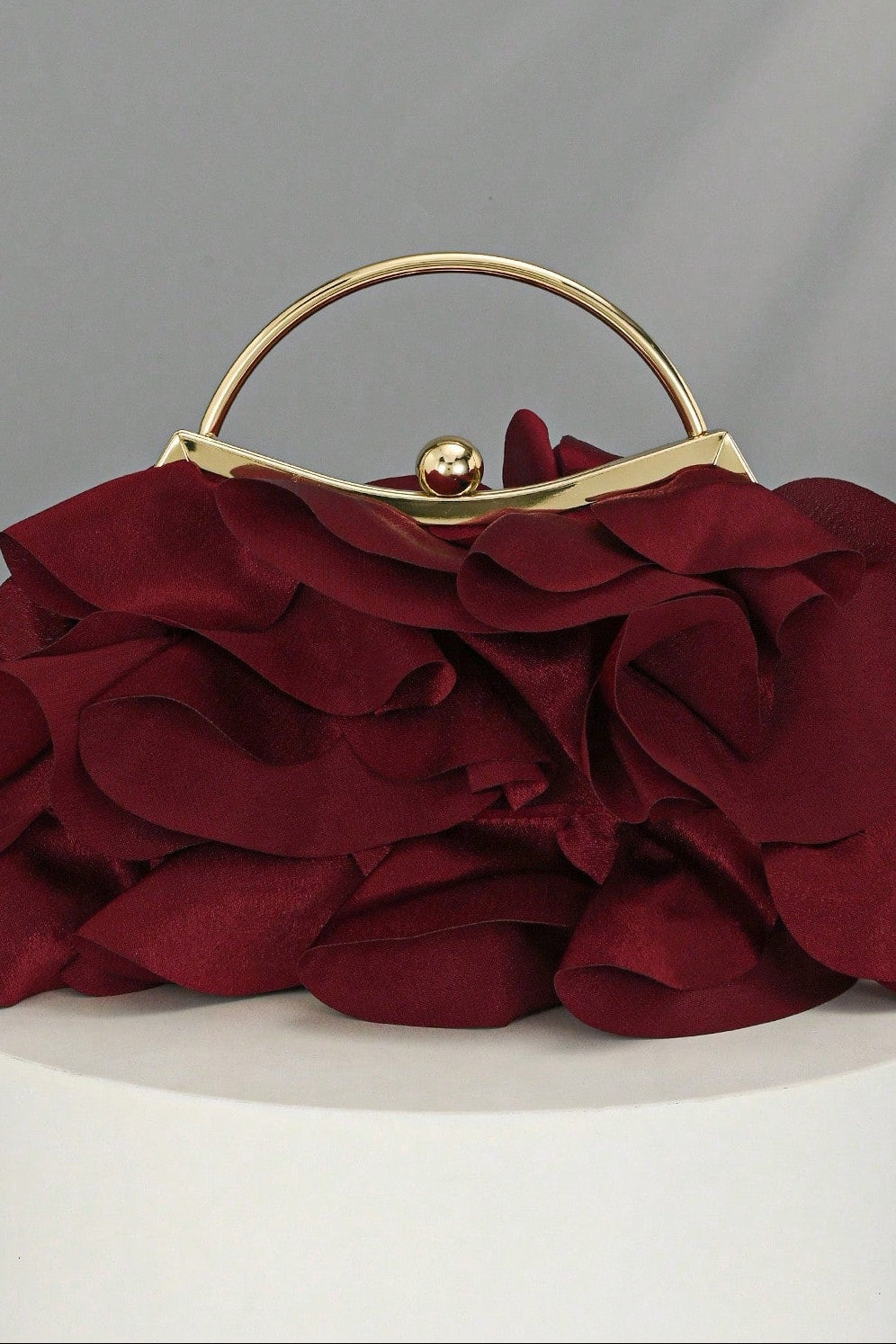 Wine Red Satin Ruffle Kiss Lock Clutch with Gold Chain & Ring Handle