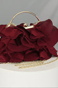 Wine Red Satin Ruffle Kiss Lock Clutch with Gold Chain & Ring Handle