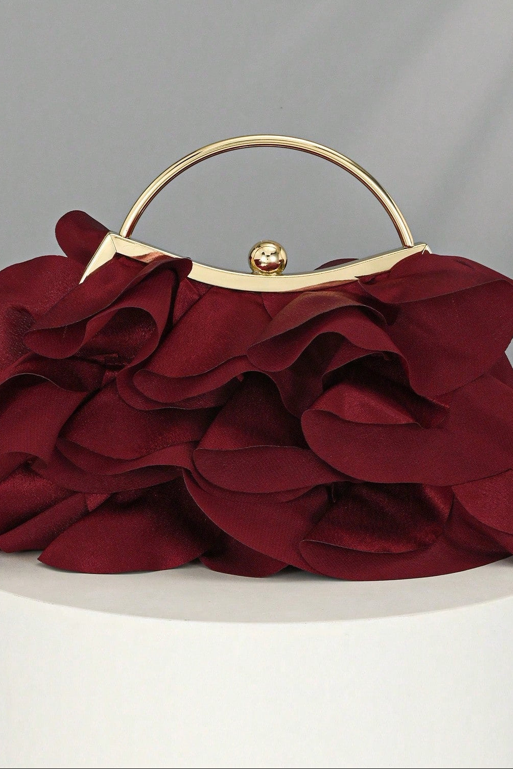 Wine Red Satin Ruffle Kiss Lock Clutch with Gold Chain & Ring Handle