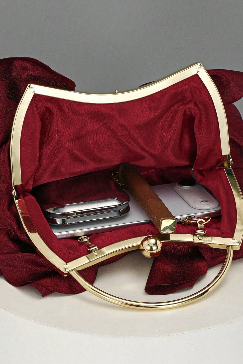 Wine Red Satin Ruffle Kiss Lock Clutch with Gold Chain & Ring Handle