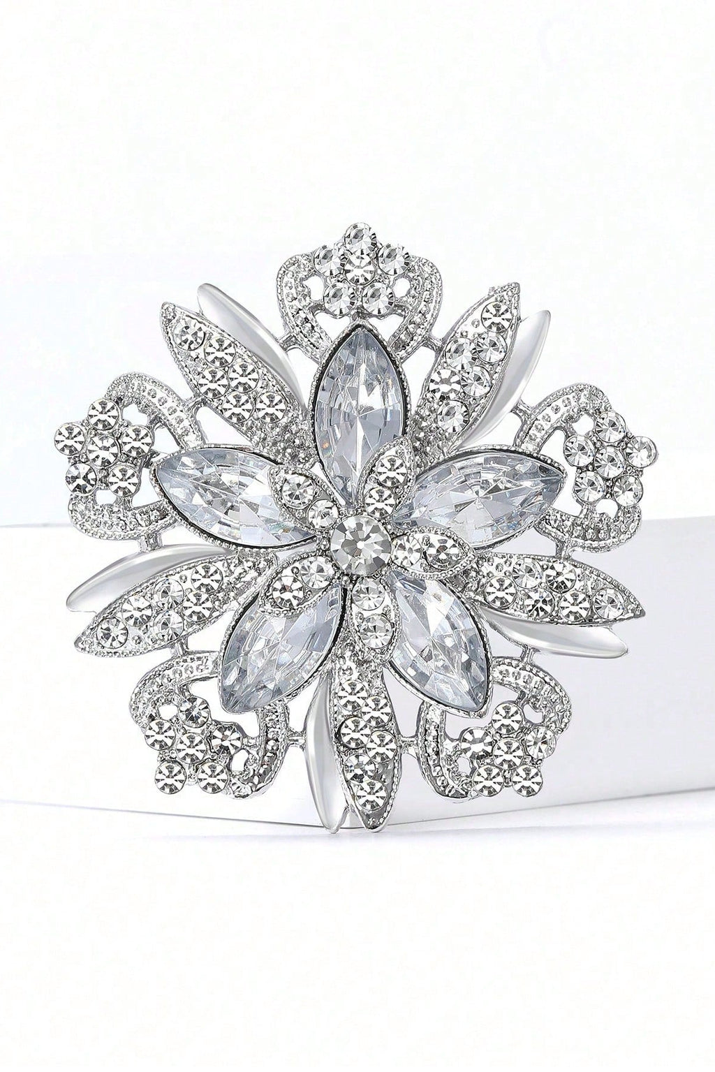 Silver Hollow Flower Brooch Marquise Clear Rhinestone Vintage Floral Lapel Pin Bridal Shawl Clip