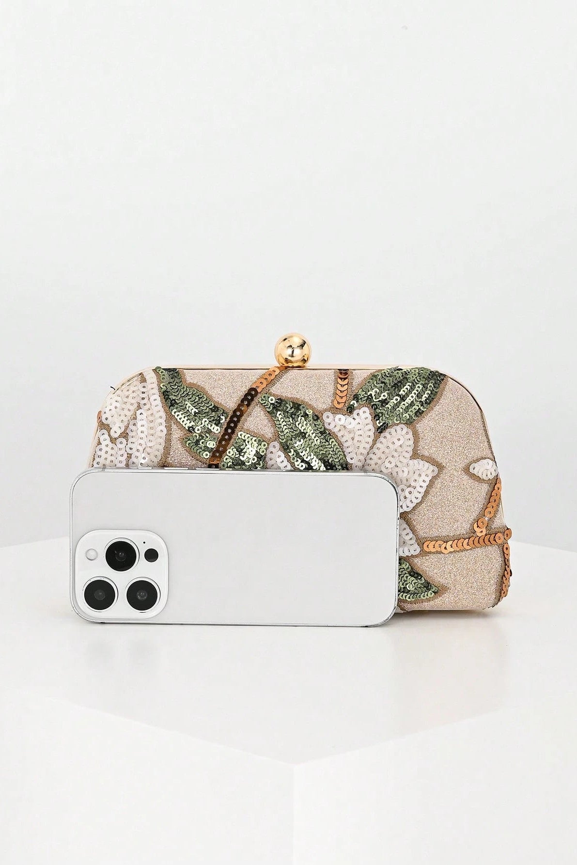 Light Champagne Shimmer Fabric White Lotus Green Leaf Sequins Oval Hard Box Clutch Bag Removable Gold Chain Shoulder Strap