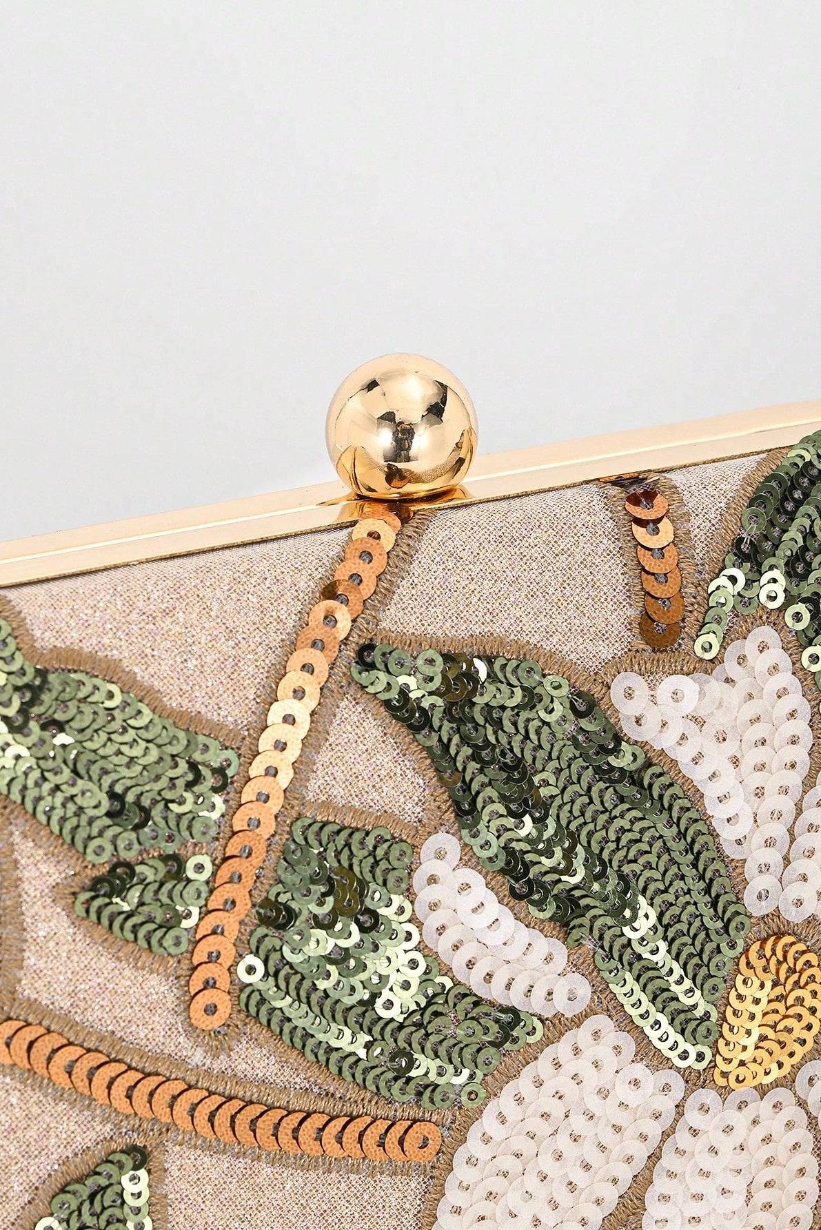 Light Champagne Shimmer Fabric White Lotus Green Leaf Sequins Oval Hard Box Clutch Bag Removable Gold Chain Shoulder Strap