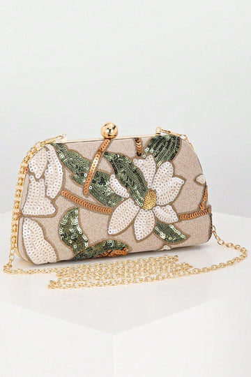 Light Champagne Shimmer Fabric White Lotus Green Leaf Sequins Oval Hard Box Clutch Bag Removable Gold Chain Shoulder Strap