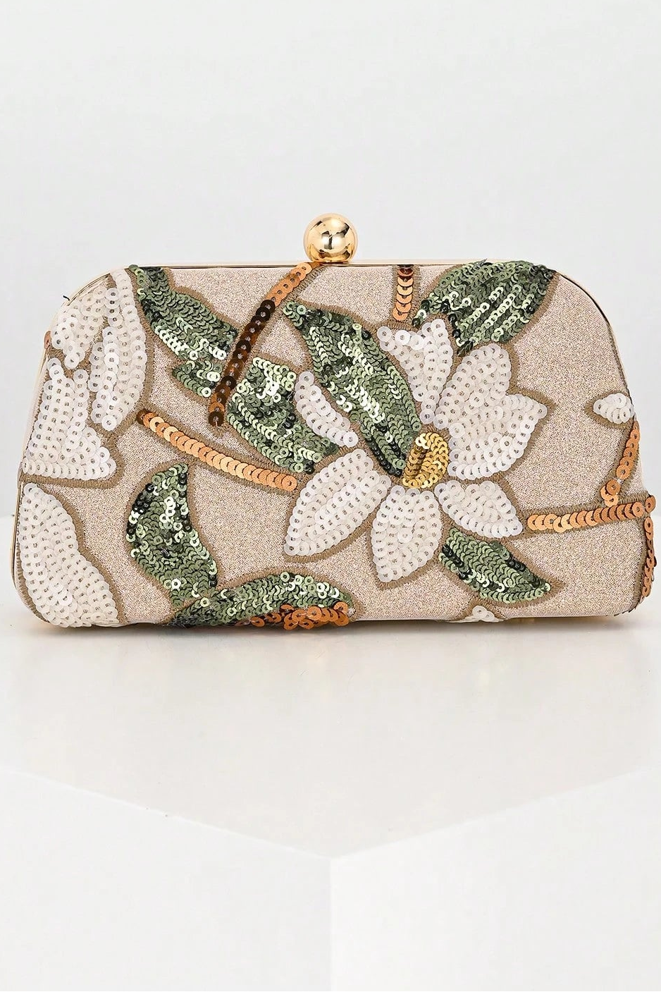 Light Champagne Shimmer Fabric White Lotus Green Leaf Sequins Oval Hard Box Clutch Bag Removable Gold Chain Shoulder Strap