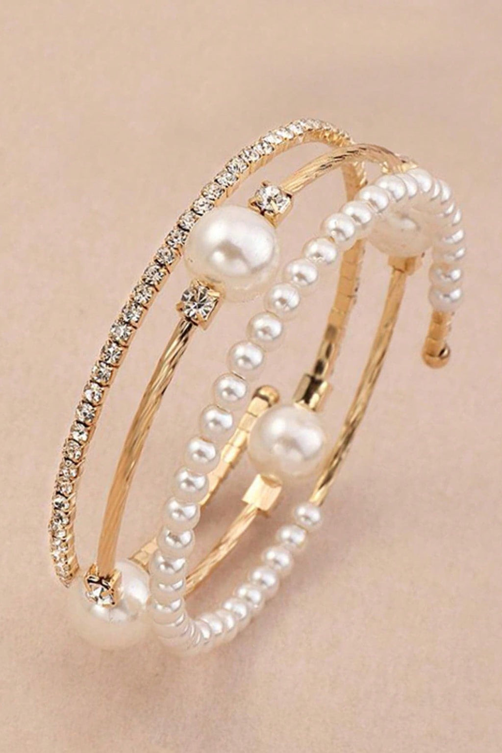 Gold Open Cuff Bangle Dual Row Pearl & Pave Rhinestone Adjustable Wedding Bracelet