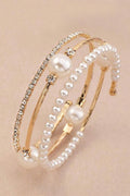 Gold Open Cuff Bangle Dual Row Pearl & Pave Rhinestone Adjustable Wedding Bracelet