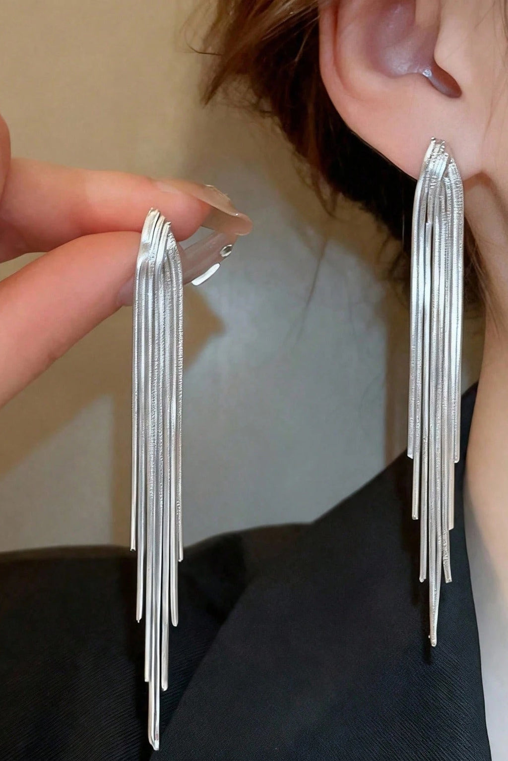 Silver Brushed Long Linear Tassel Drop Earrings Sleek Fringe Dangle Earrings for Women
