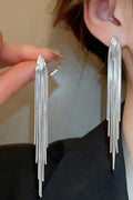 Silver Brushed Long Linear Tassel Drop Earrings Sleek Fringe Dangle Earrings for Women
