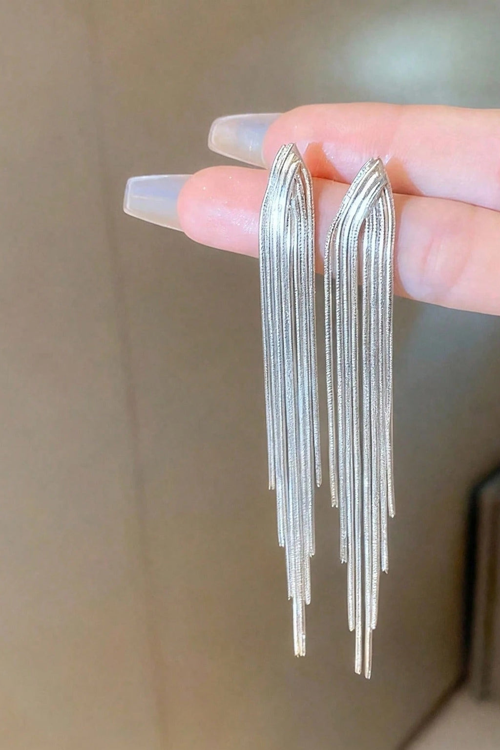 Silver Brushed Long Linear Tassel Drop Earrings Sleek Fringe Dangle Earrings for Women
