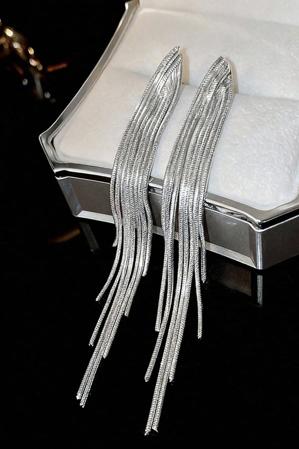 Silver Brushed Long Linear Tassel Drop Earrings Sleek Fringe Dangle Earrings for Women